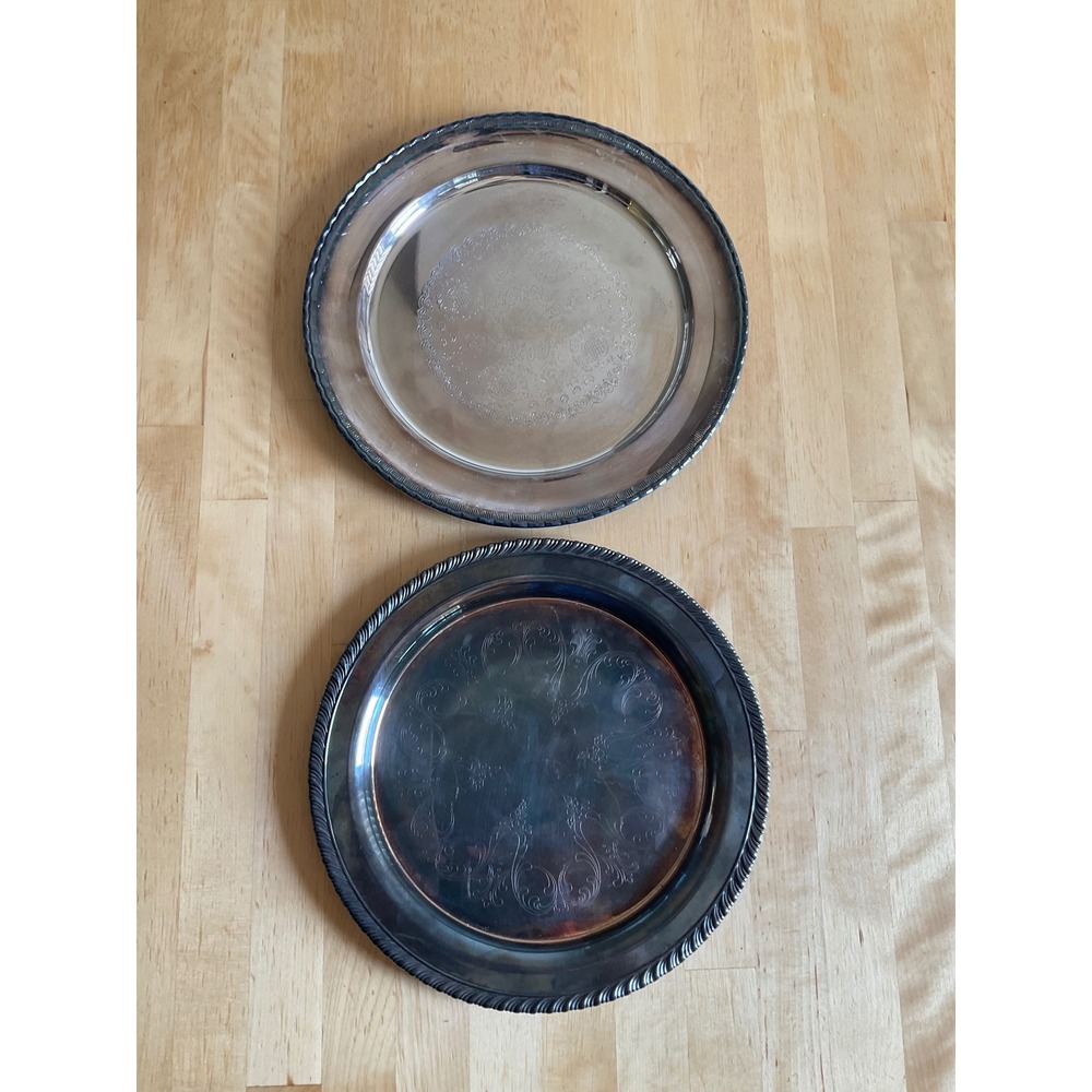 Vintage‎ Oneida & Swedish Silverplate Round Serving Trays Set of 2 Etched Floral